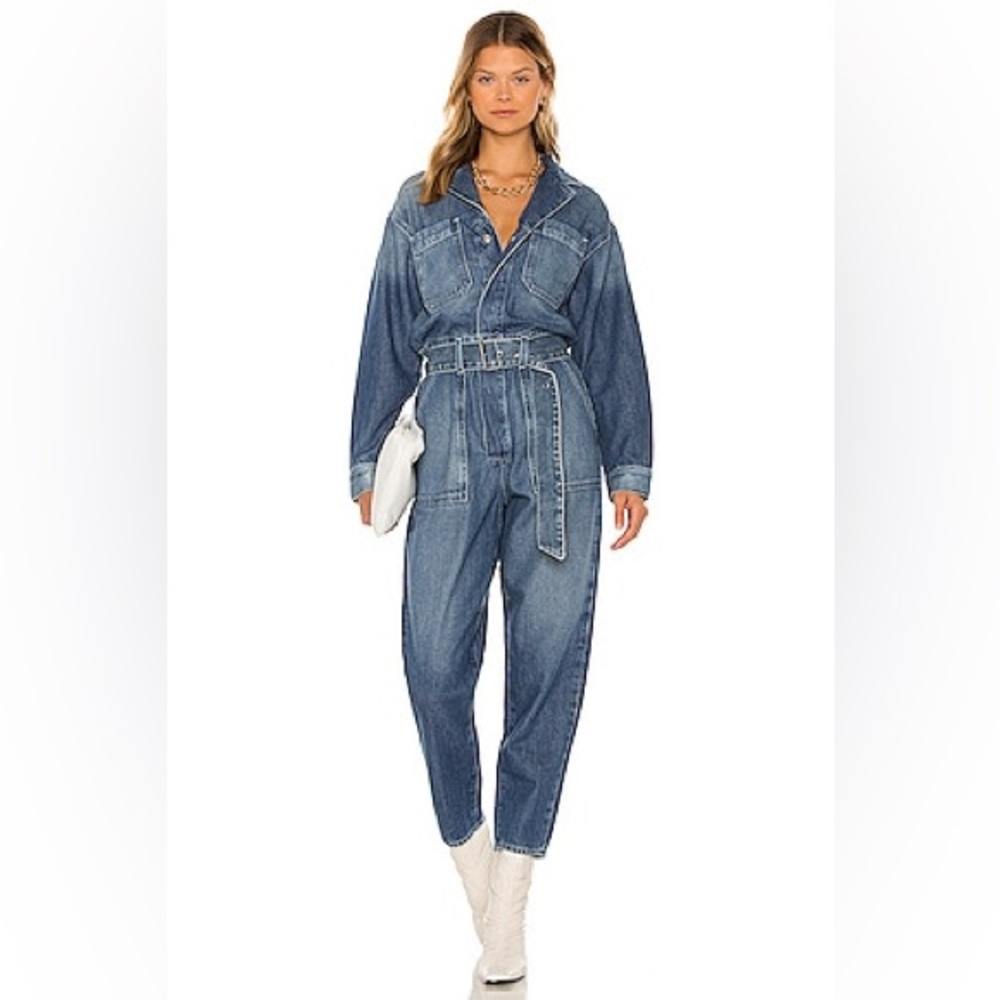 New! Anthropologie 💙AG Adriano Goldschmied Ryleigh🧵Denim Belted Jumpsuit Sz L